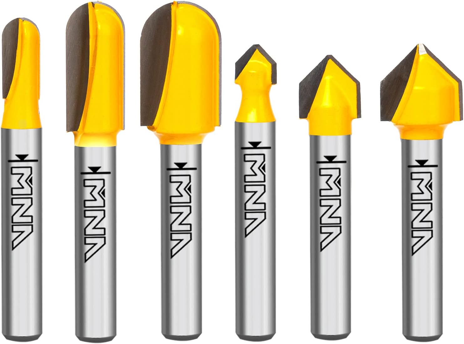 MNA 90 Degree V Groove and Round Nose Router Bit Set, 1/4 Inch Shank Signmaking Router Bits, 3D CNC Lettering & Engraving Router Bit Kit
