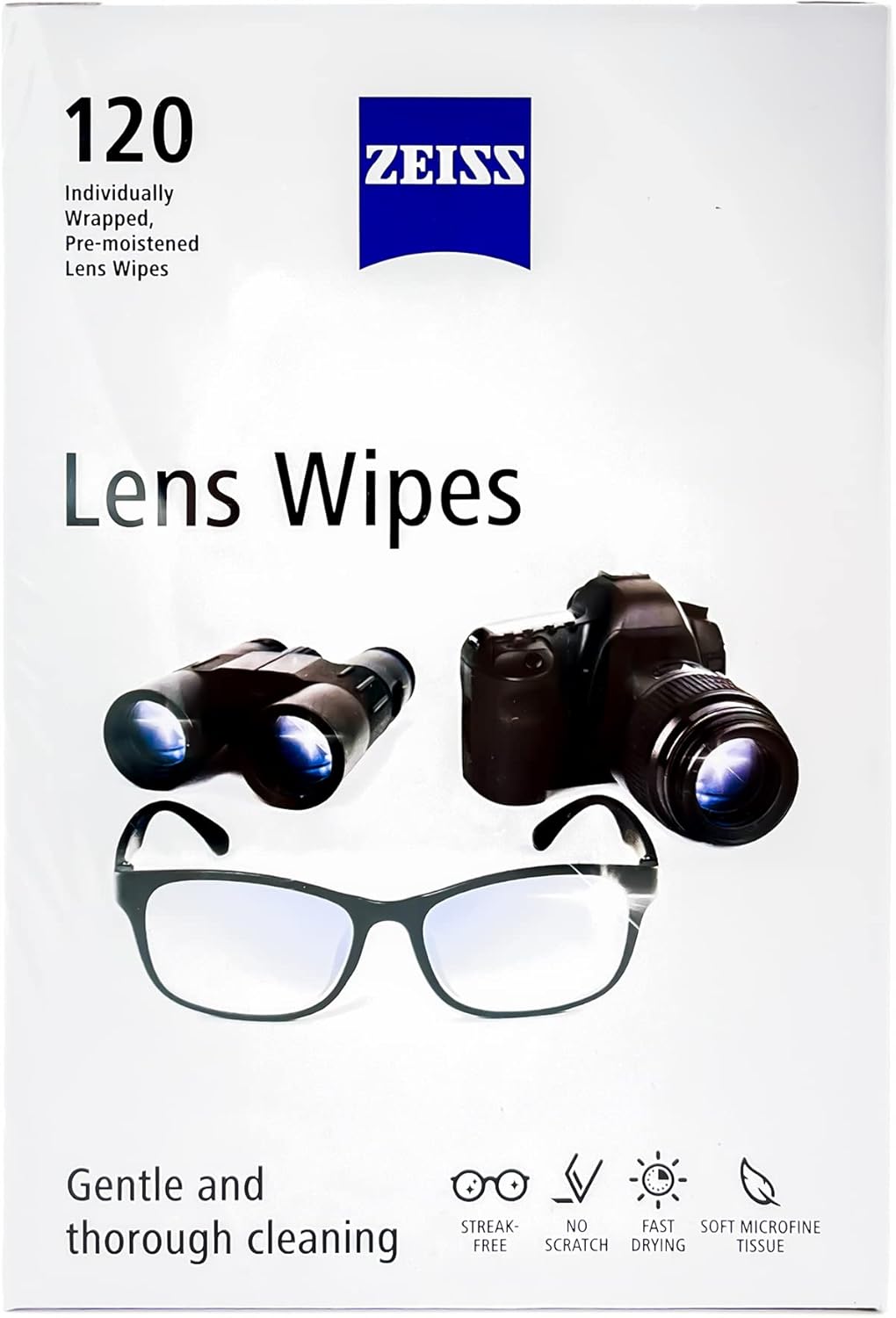 ZEISS Lens Cleaning Wipes, Pre-Moistened, Individually Wrapped Wipes for Coated Glass on Binoculars, Glasses, Sunglasses, Camera Lenses, and Scopes, 120 Count