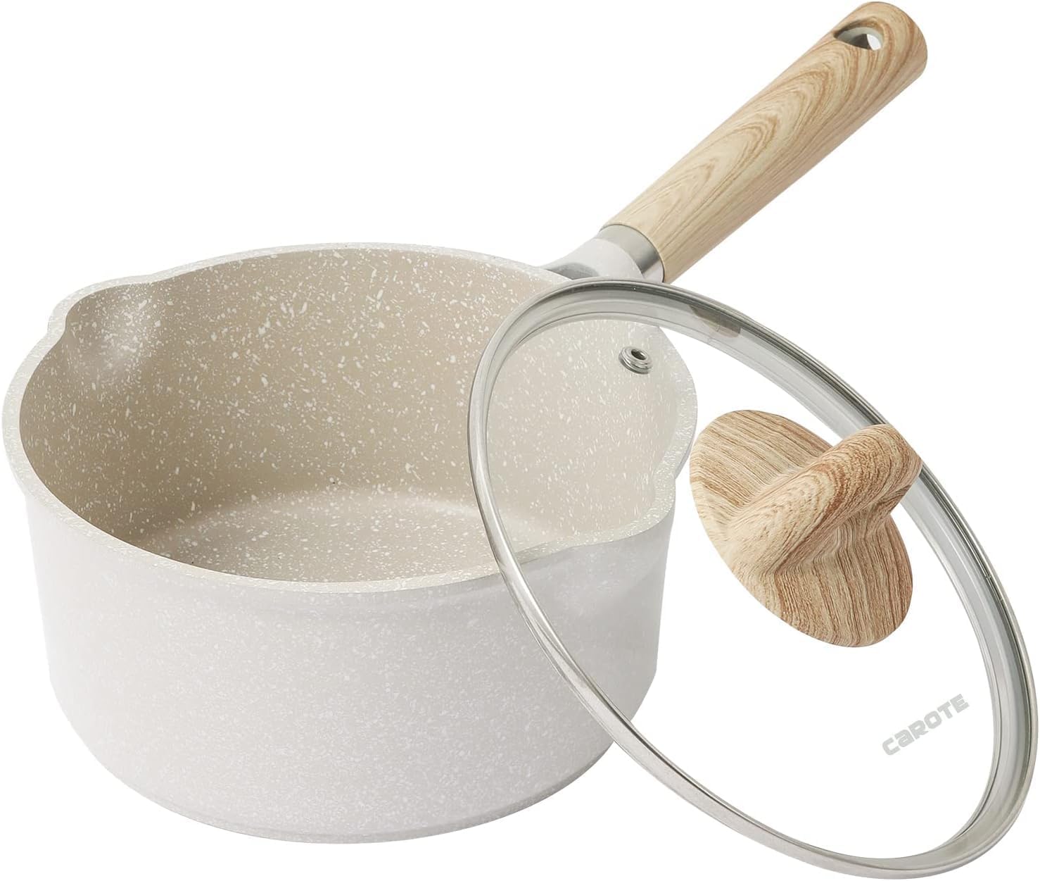 CAROTE Saucepan 20 cm with Lid 2.4 L Milk Pan with Spout, Small Pan with Non-Stick Coating for Oil- and Grease-Free Frying, Small Cooking Pot Suitable for All Hobs Including Induction