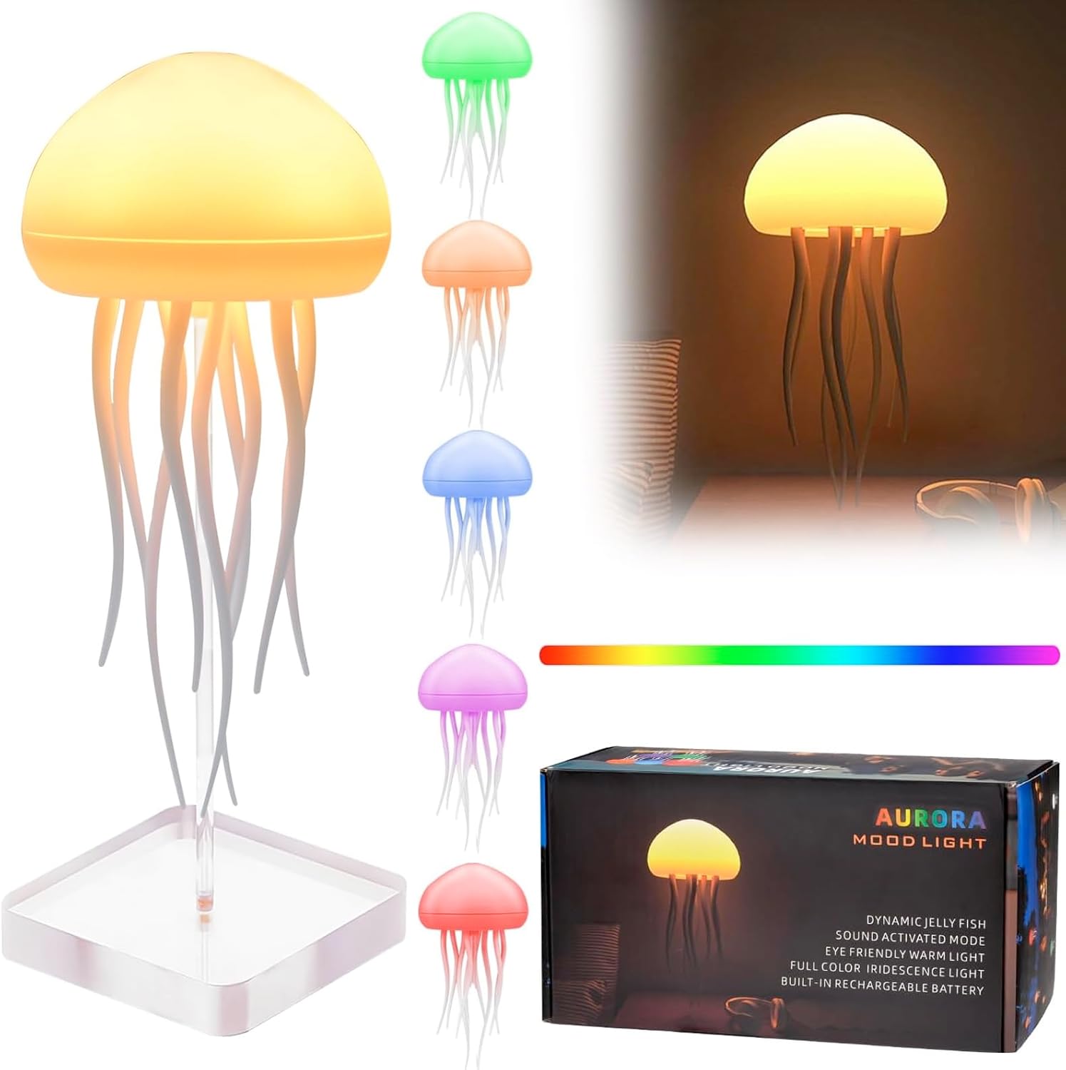 Jellyfish Lamp, RGB Gradient Jellyfish Bedside Lamp, LED Floating Jellyfish Lamp Voice Control, Jelly Fish Light Lamp with Dancing Tentacles, Rechargeable Jellyfish Table Lamp for Home Office Decor(B)