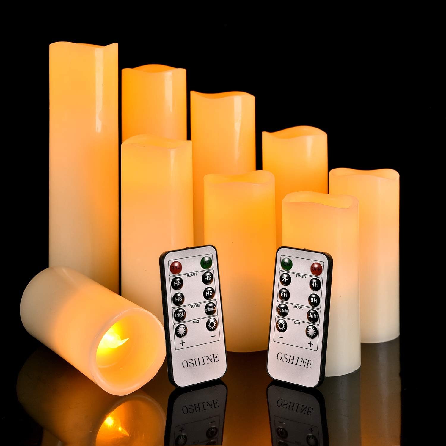 OSHINE LED Candles Flameless Candles (H 4" 5" 6" 7" 8" 9") Set of 9 Real Wax Pillar Flickering Battery Candles With10-key Remote Control Timer 300 Hours(Not Included Batteries)