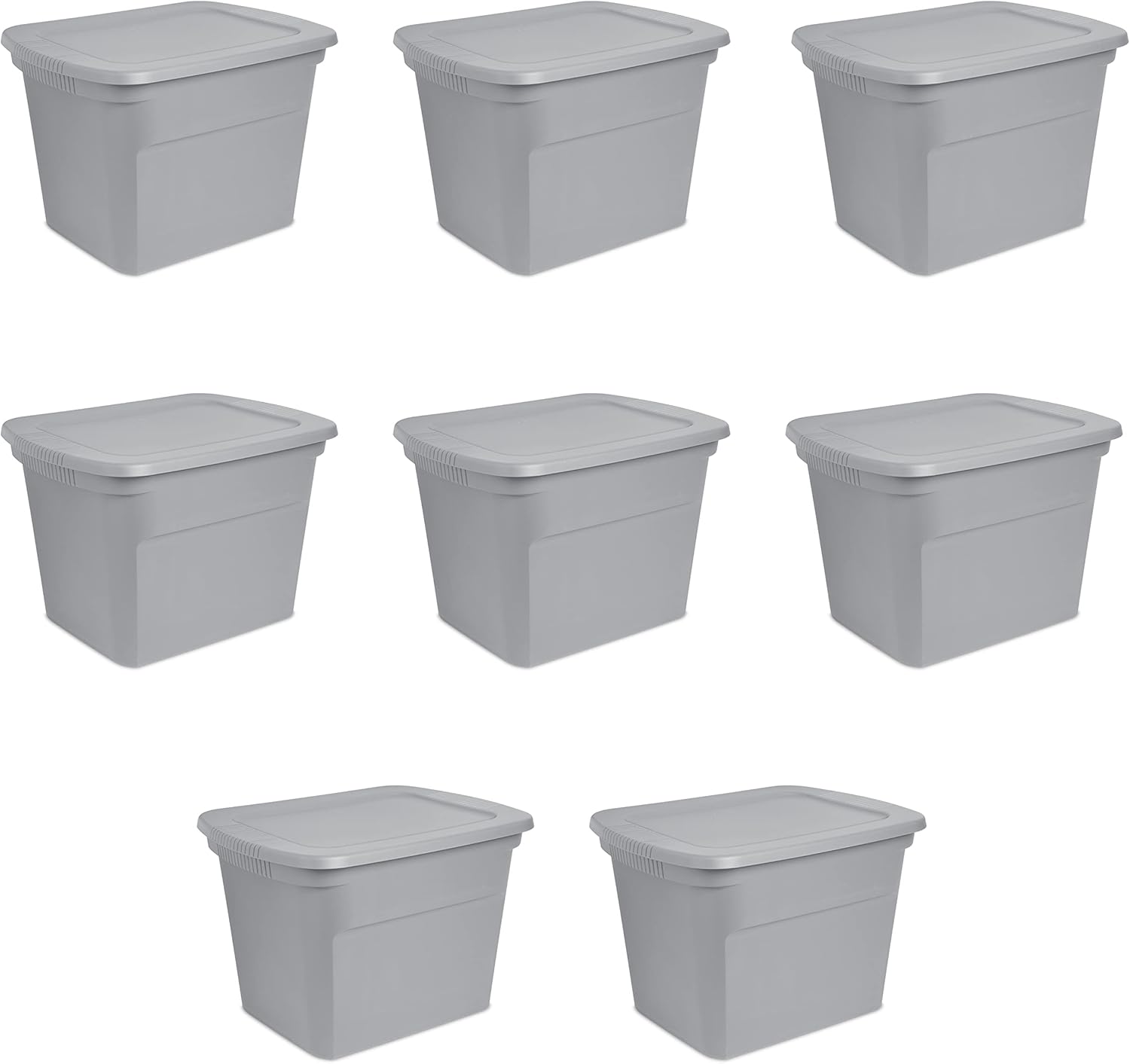 Sterilite 18 Gal Storage Tote, Stackable Bin with Lid, Plastic Container to Organize Clothes in Closet, Basement, Gray Base and Lid, 8-Pack