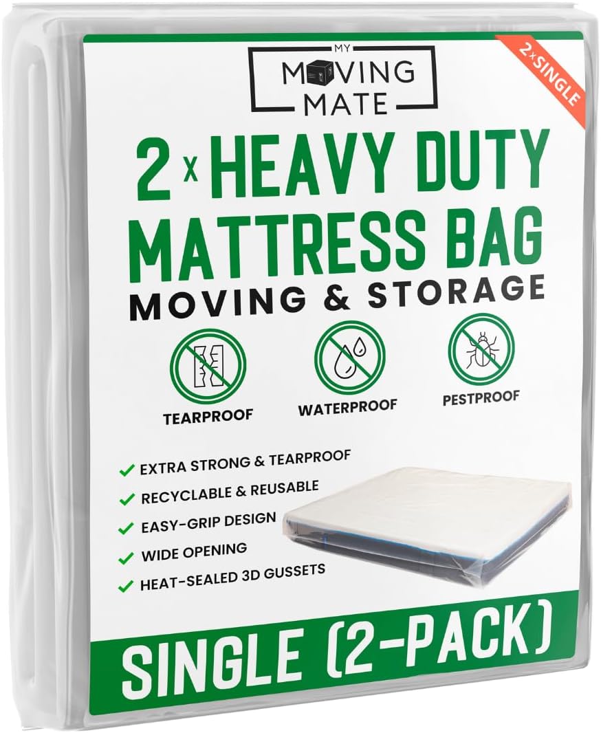 Single Mattress Bag for Moving and Storage - 2-Pack - Mattress Cover for Moving and Storage - 5 Mil Mattress Protector Storage Bags - Heavy Duty, Reusable, Tearproof