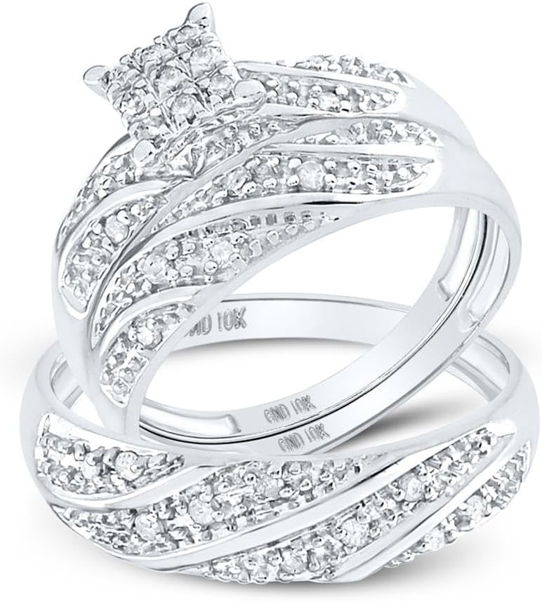 His and Hers Bridal Womens and Mens Engagment and Wedding Band Complete Trio Matching Wedding Rings Set 10K White Gold Round Diamond Square 1/3 Cttw