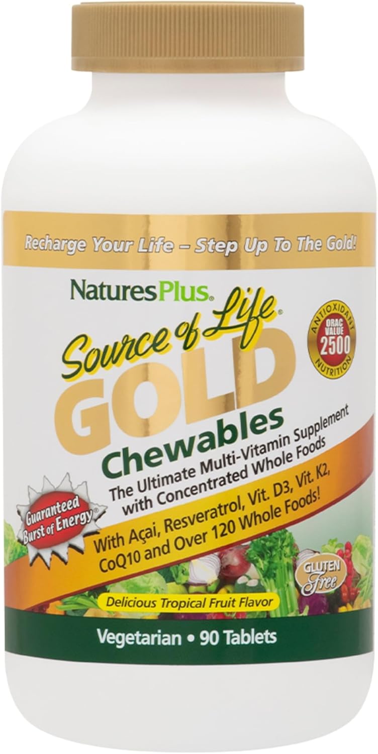 Natures Plus Source of Life Gold Chewables - 90 Vegetarian Tablets - Tropical Fruit Flavor - Whole Food Multivitamin Supplement - Gluten Free - 30 Servings