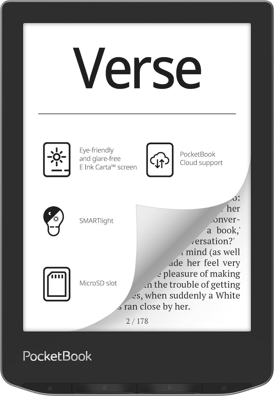 PocketBook Verse E-Readers | Eye-Friendly 6'' E-Ink Carta™ HD Touchscreen | Adjustable SMARTlight | Up to 1 Month of Battery Life | WiFi & Memory Card Slot | E-Book Reader in Misty Grey