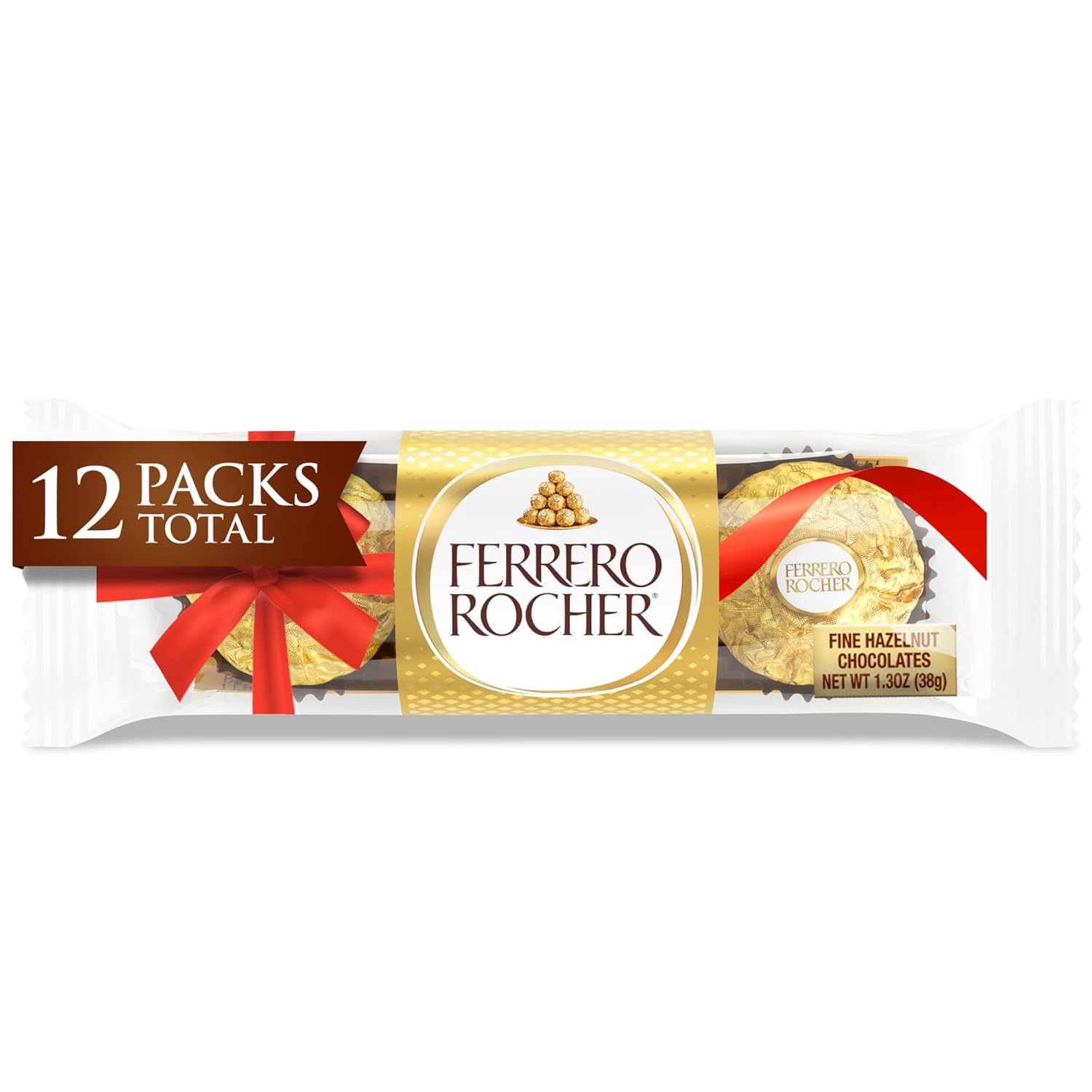 Ferrero Rocher, 12 Holiday Gift Packs, Premium Gourmet Milk Chocolate Hazelnut, Individually Wrapped Chocolate, 1.3 oz Each