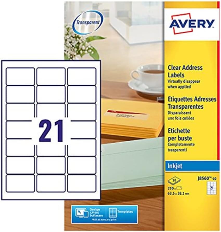 Avery Clear, Transparent, Printable, Address Labels, 63.5 x 38.1 mm, Clear, See-Through 21 Labels per Sheet, 210 Blank Labels per Pack (J8560-10)