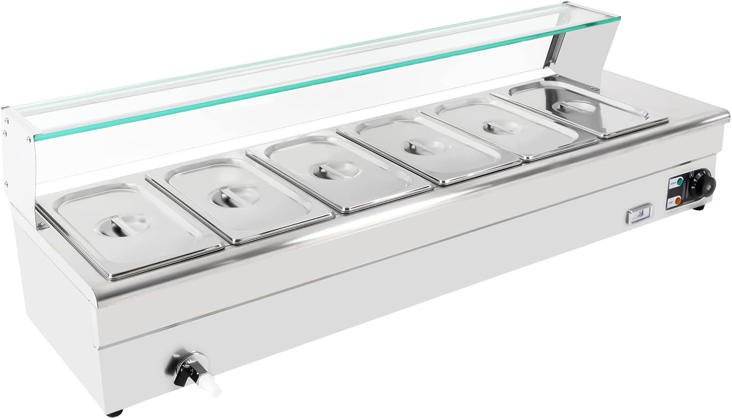 6-Pan Food Warmer - Stainless Steel Steam Table with Tempered Glass Shield - 110V 1.2KW