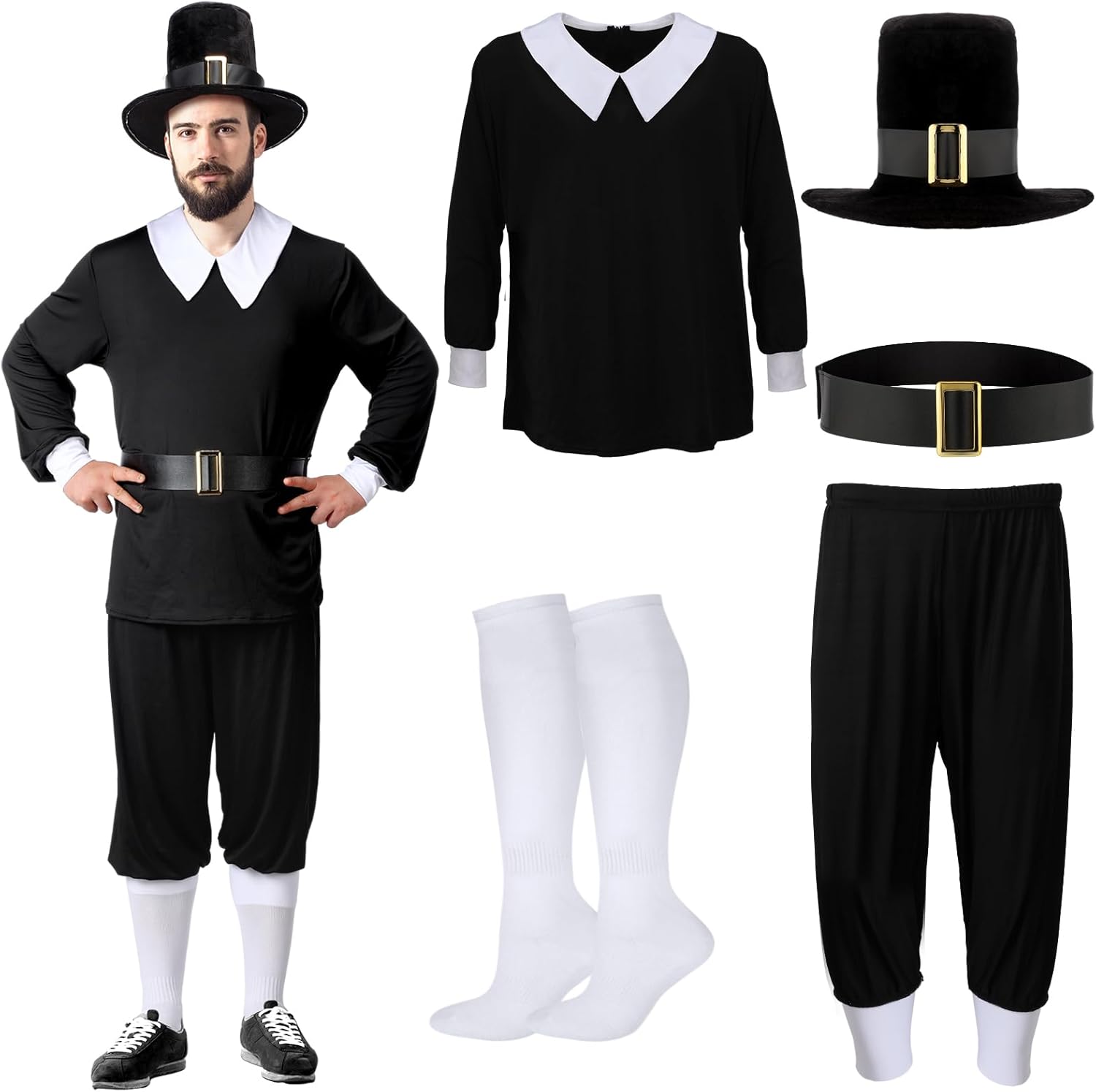 Patelai 5 Pcs Thanksgiving Day Colonial Pilgrim Costume Adult Men Shirt Trousers Cap Sock Belt Colonial Pilgrim Costume