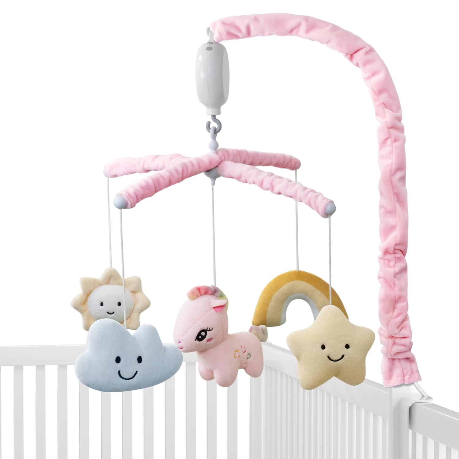 Feisike Crib Mobile for Girls - Baby Mobile for Crib with 35 Lullabies, 3 Modes Digital Musical Box（Turn Only, Music Only, Turn & Music, Pink, Nursery Toys, Nursery Decor, Knob Type