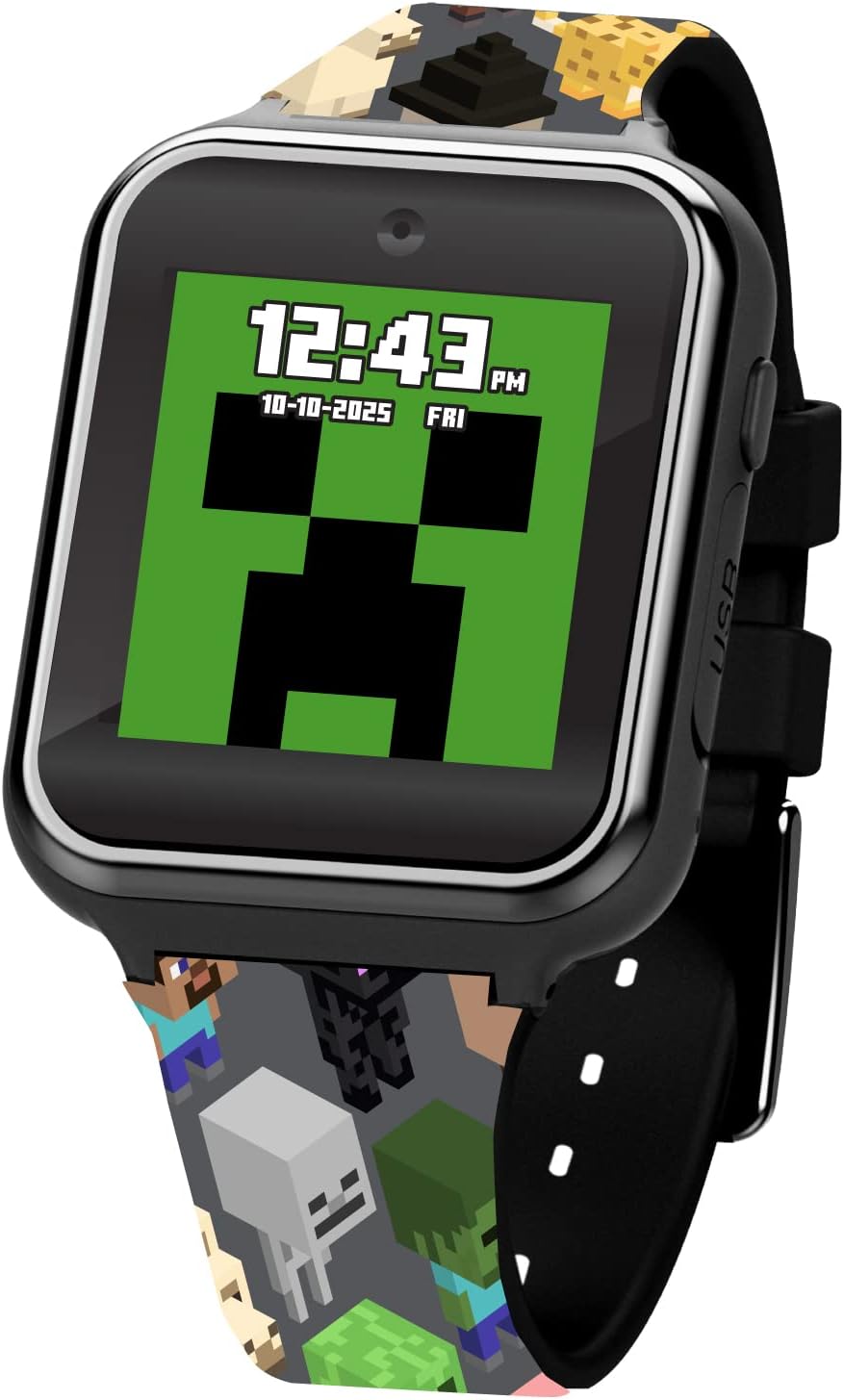 Minecraft Kids LED Smartwatch Interactive Gaming-Themed Watch 10 Changeable Faces, Step Counter, Calculator, Games, Selfie Cam, Alarm & Timer, Printed Silicone Straps – Fits Wrists 5.5"-8.0"