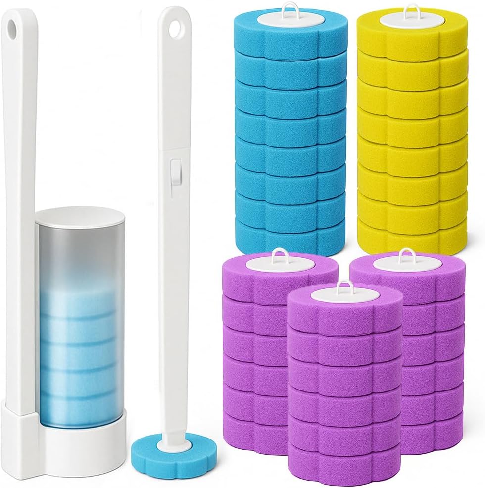 32PCS Disposable Toilet Cleaning System With Pre Loaded Cleaning Heads,Toilet Cleaning System Quick-Replace Scrub Pads For Deep Cleaning No Cross-Contamination,Easy Disposal.(Lavender16+Lemon8+Ocean8)