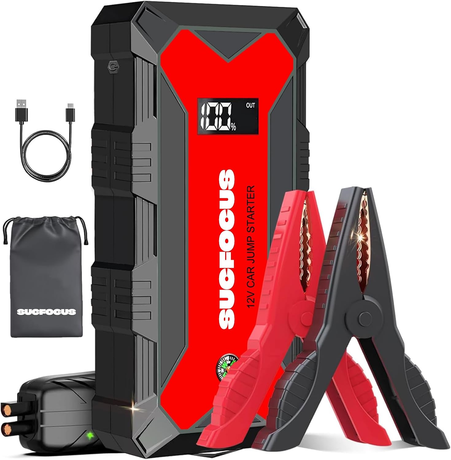 Jump Starter Power Pack, 2500A Car Battery Booster Jump Starter (for 8.0L Gas or 6.5L Diesel Engine), Car Jumper Starter Power Bank with Jump Leads, LED Light/USB QC3.0 (Red)