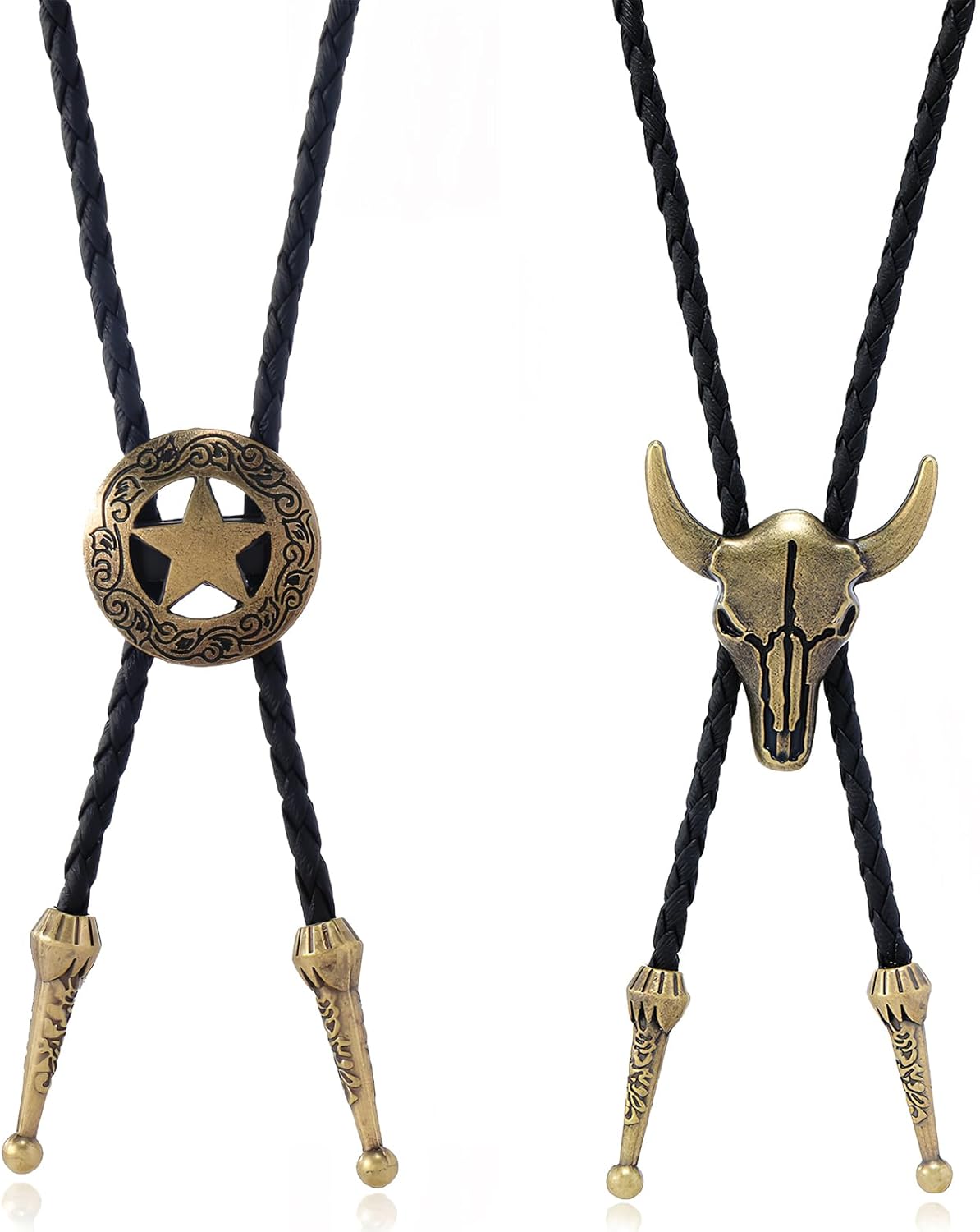 Amexo Bolo Leather Tie, 2 Pieces Western Cowboy Tie Adjustable Leather Necklace, Handmade Necktie, Rodeo Theme Pendant Vintage Cowboy Costume Accessories for Men Women