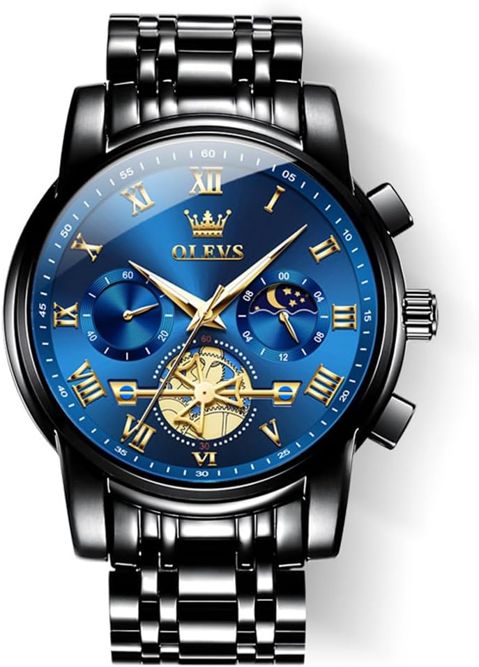 OLEVS Men's Stainless Steel Chronograph Watch, Large Face Easy to Read Roman Numerals Business Dress Male Wristwatch, Classic Waterproof Luminous Analog Quartz Watches for Men