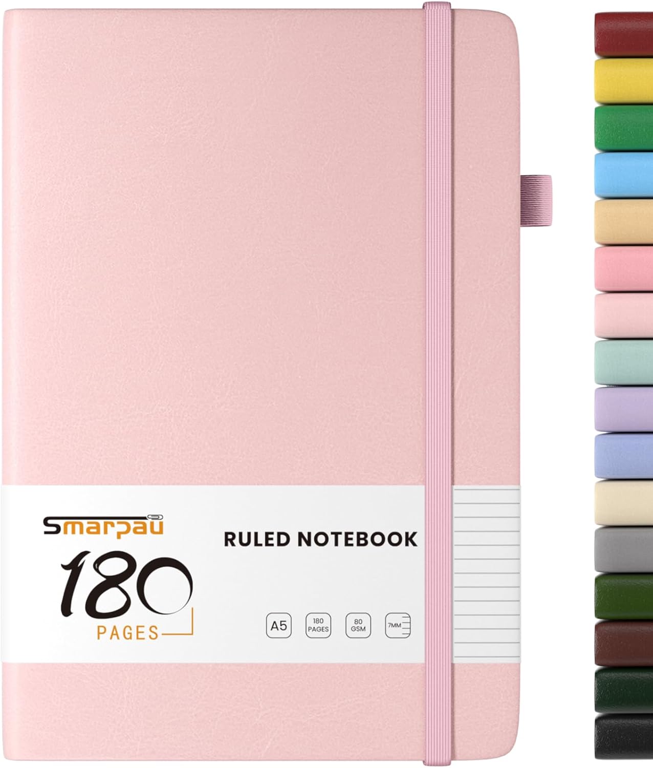 Smarpau A5 Journal Notebook, 180 Pages Hardback Lined Notebook, Thick Leather Journal for Women, No Bleed for Writing, Notepad for Office School Travel (Light Pink)