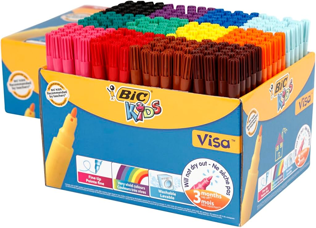 BIC Kids Visa Felt Tip Pens, Fine Tip, Very Vivid Colouring Pens, Washable Markers, Back to School Supplies, 288 Pack