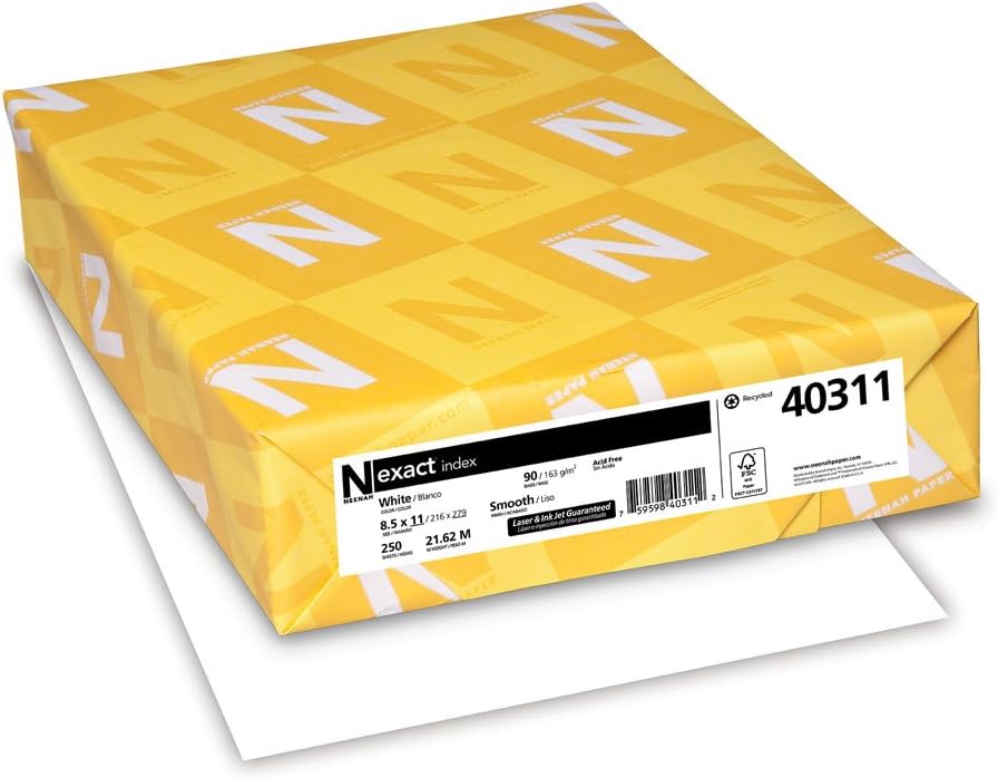 Neenah Paper 40311 Exact Index Card Stock, 90lb, 94 Bright, 8 1/2 x 11, White, 250 Sheets, (Pack of 1)