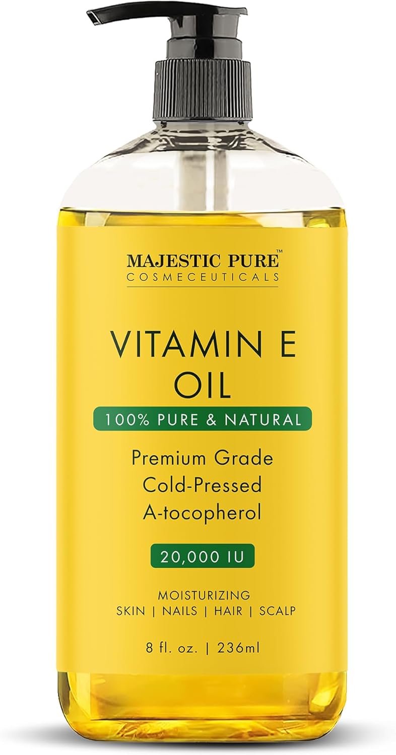 MAJESTIC PURE Vitamin E Oil | 100% Pure and Natural Cold Pressed Vitamin E oil for Skin, Scars, Face, Nails, Hair, Scalp | 20,000 IU | Non-GMO Verified | Hair & Body Oil | 8 Fl Oz