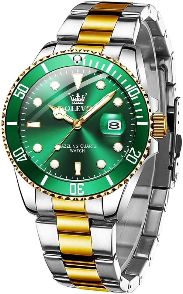 OLEVS Men's Watch, Big Face Stainless Steel Analog Quartz Dress Watch, Luxury Gold Silver Tone Date Display Waterproof Luminous Wrist Watch for Men