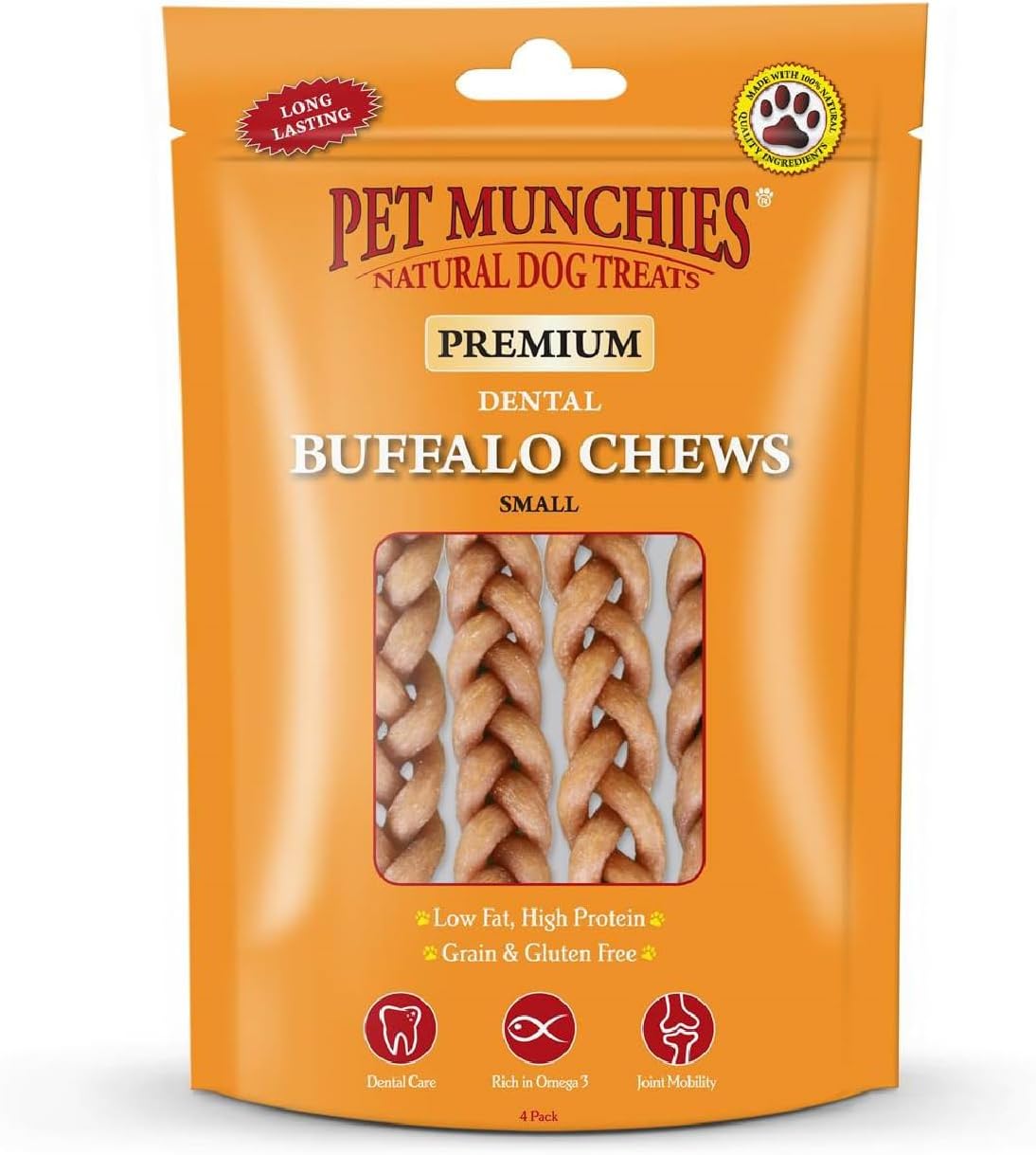 Pet Munchies Small Buffalo Dental Chews, Healthy, Natural and Long-Lasting Dog Treats, Grain Free and Low in Fat 55g, Pack of 8 (32 Chews)