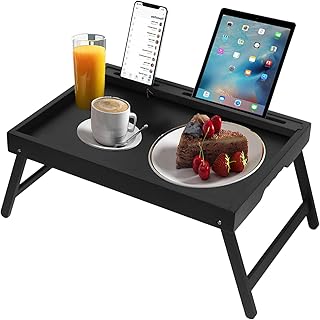 Bed Tray Table with Folding Legs Bamboo Breakfast Tray with Phone Tablet Holder, Foldable Breakfast Table, Laptop Desk(Black Medium)