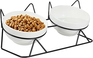 Elevated Tilted Cat Bowls for Indoor Cats，Raised Ceramic Cat Bowl Elevated 15°,Pet Feeding Bowls for Food and Water Anti Vomiting Bowl(Double Ceramics Bowls and Tilt Shelf) Suitable for All Cat Sizes