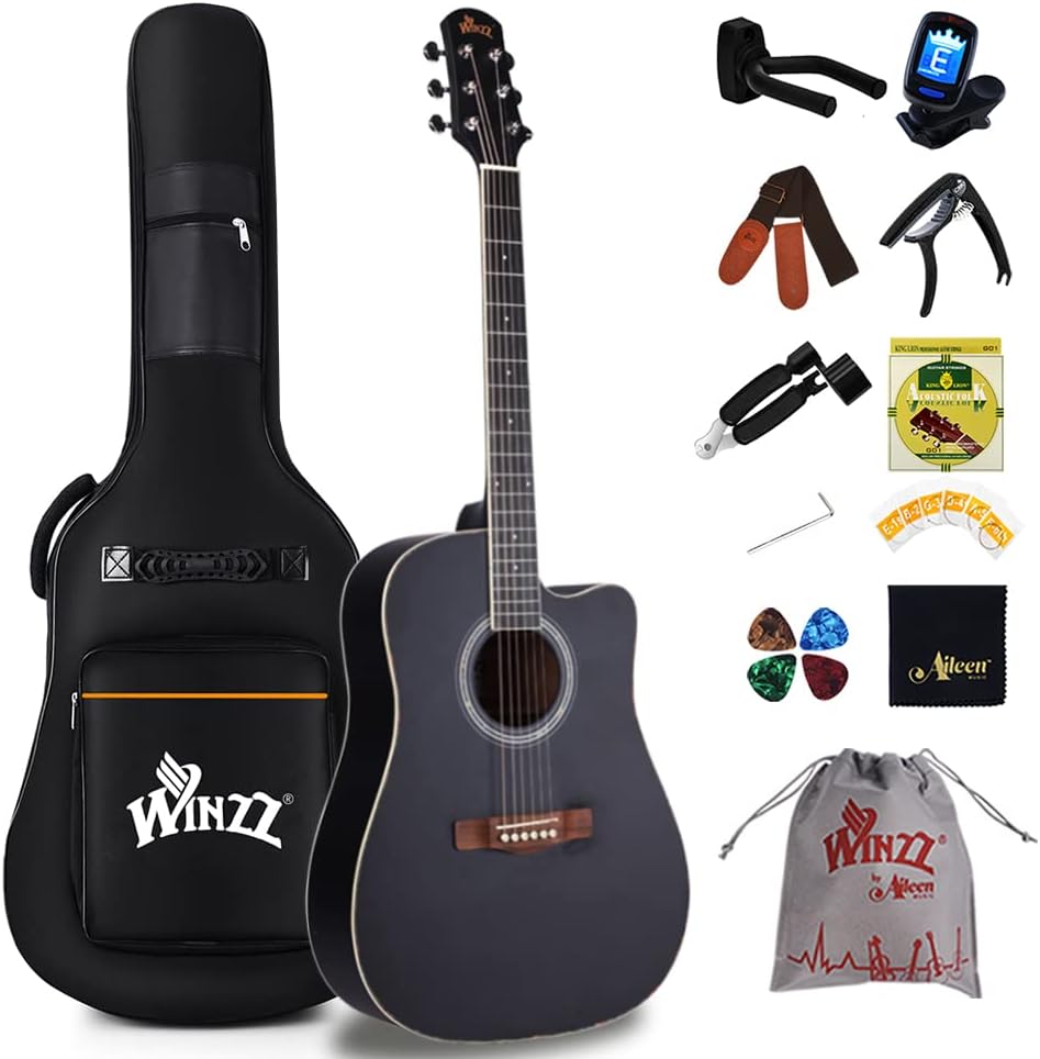 Winzz Full Size 4/4 Acoustic Guitar Kit for Adults Beginner, Black Acoustic Steel-String Guitar for Children Student Age 12+ Years (41 Inches, Cutaway）