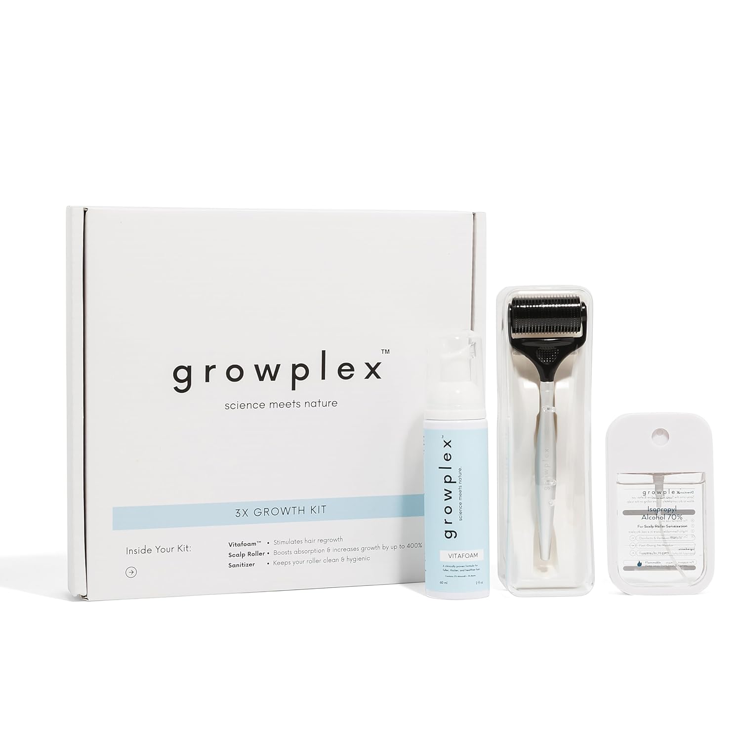 Growplex 3X Growth Kit – Hair & Scalp Support System with Vitafoam, Stainless Steel Scalp Roller & Sanitizer – Promotes Thicker, Fuller-Looking Hair
