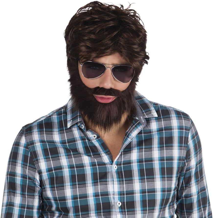 Mens Brown Hangover Wig Beard Moustache Kit Film Stag Do Party Fancy Dress Costume Outfit Accessory