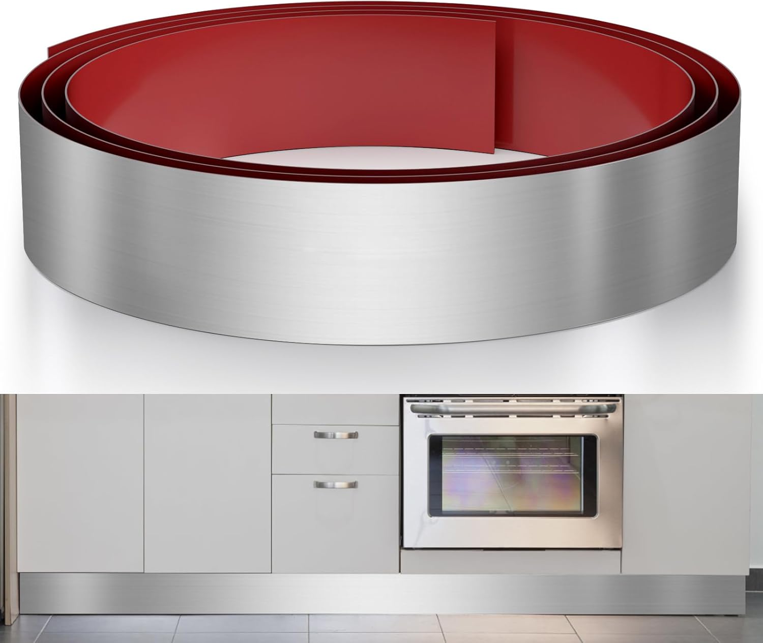 Stainless Steel Toe Kick Cover, 4" x 102" Baseboard Plate, Self Adhesive Kickplate for Bottom of Door, Kitchen Island, Cabinet, Cupboard (Brushed Nickel)