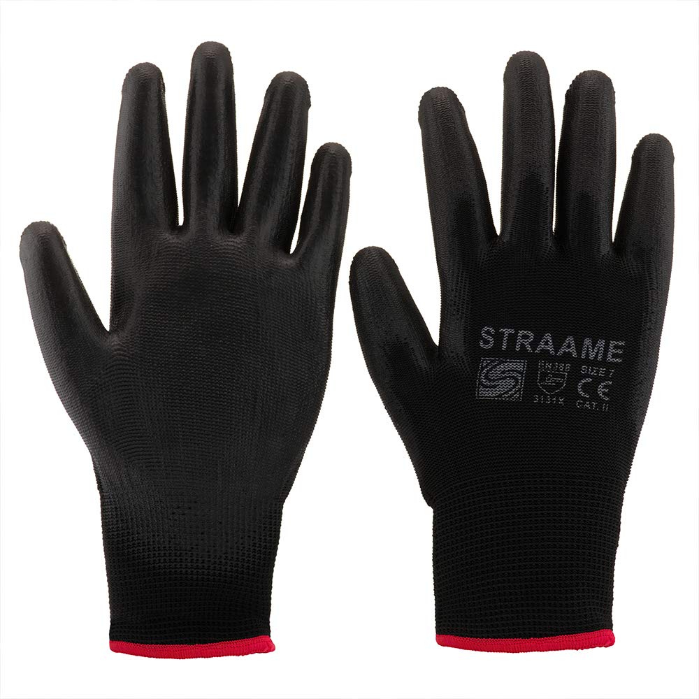 Straame Pack of 12 or 24 Black Safety Work Gloves, Outdoors PU and Nylon Non-Slip Work Handling Gloves, Good Dexterity Firm Grip Protective Working Gloves Size (Pack of 24 Pair's, S)