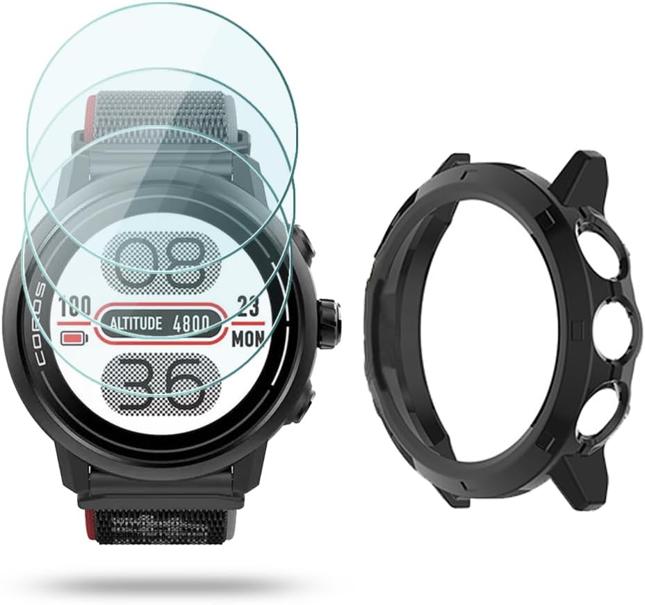 Watch Screen Protector (3+1Pack) Compatible for COROS APEX 2, Tempered Glass Film Anti-Scratch High Definition Full Coverage and Soft TPU Protective Case, Black