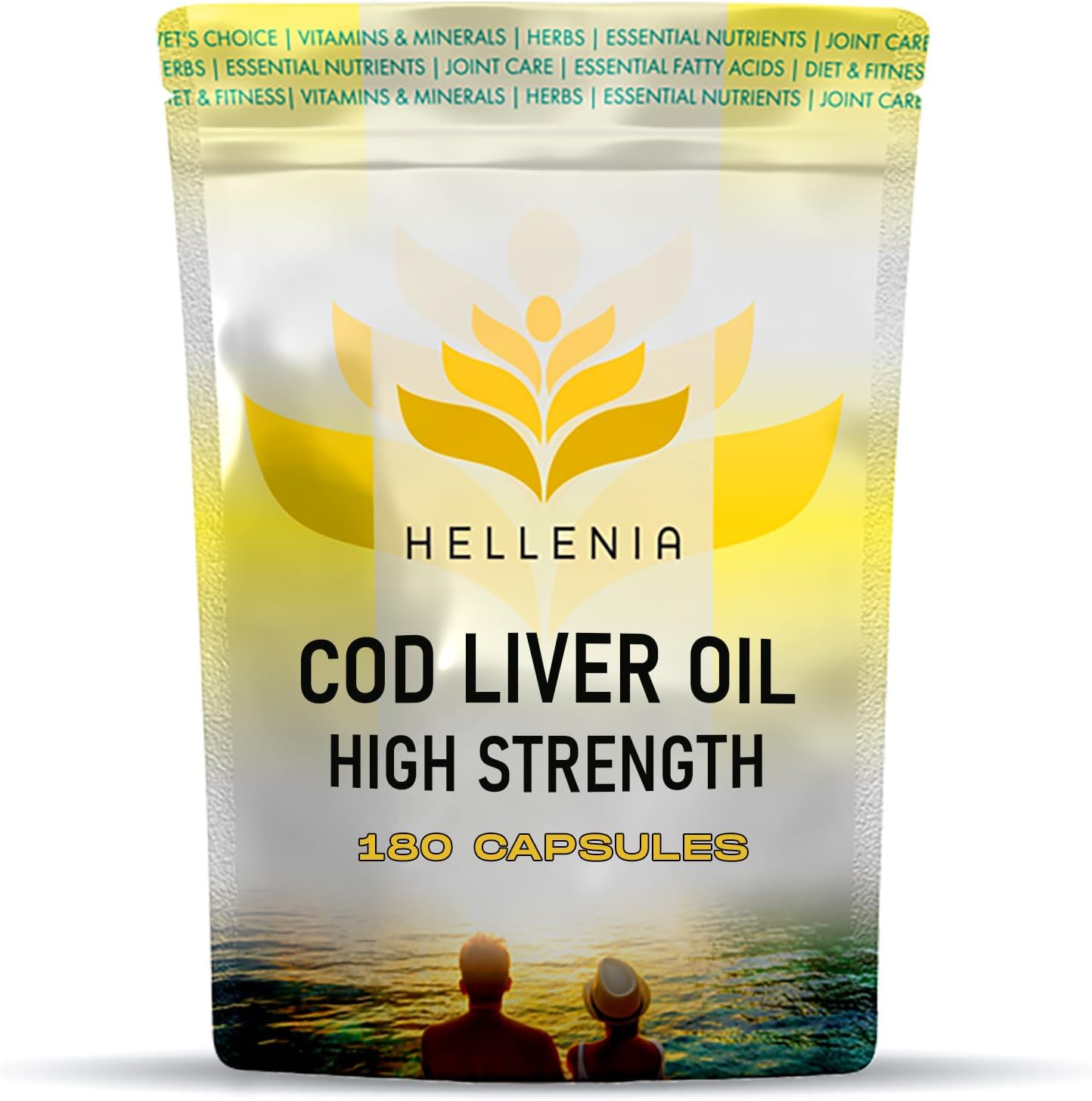 Cod Liver Oil Capsules High Strength 1000mg - 180 Capsules | UK Made Fish Oils - 6 Month Supply | Rich Source of Omega 3 Essential Fatty Acids | High EPA DHA - Made in The UK for Hellenia