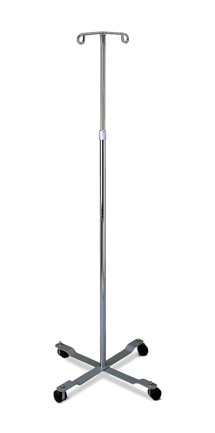 Medline 4 Leg IV Poles Stand, 2 Hook, 4 Caster, Chrome, 47 to 85" Adjustable Height