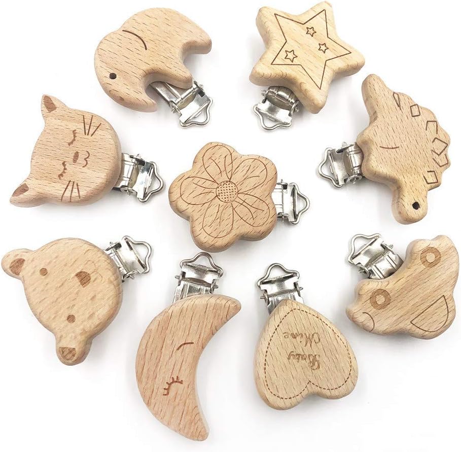 Pack of 9 Dummy Clips, Wooden Dummy Clip Set, Dummy Chain Clip, Dummy Holder, for Newborn Girls and Boys
