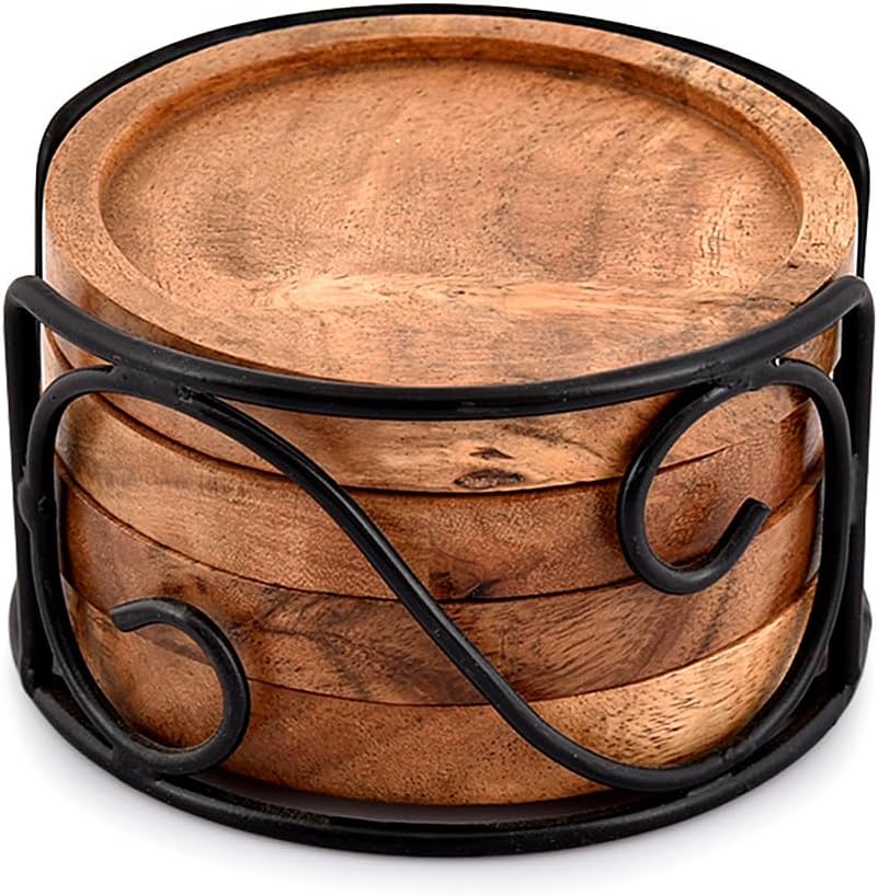 EDHAS Acacia Wood Coaster Set of 4 With Iron Holder for Tea, Drinks, Mugs, Cans, Glasses for Any Table Type