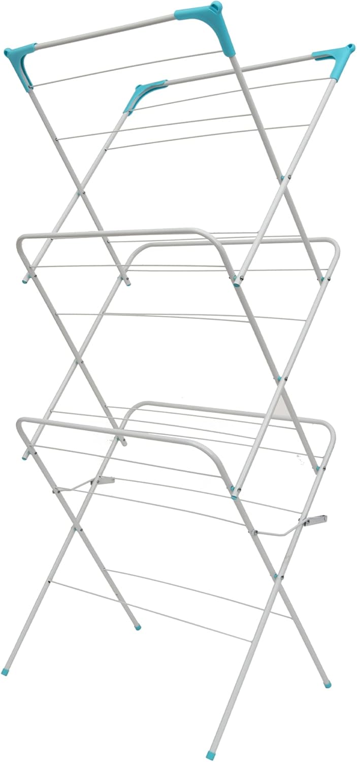 Straame 3 Tier Clothes Airer, Clothes Rack Drying Indoor and Outdoor Laundry Rack with Non Slip Feet and Corner Spaces for Hangers, Flat Foldable for Space Saving, 63 x 46 x 138 (White)