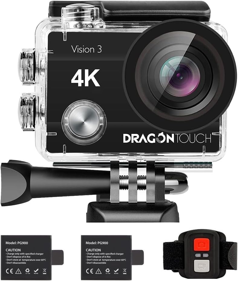 Dragon Touch 4K Action Camera 20MP Vision 3 Underwater Waterproof Camera 170° Wide Angle WiFi Sports Cam with Remote and Mounting Accessories Kit