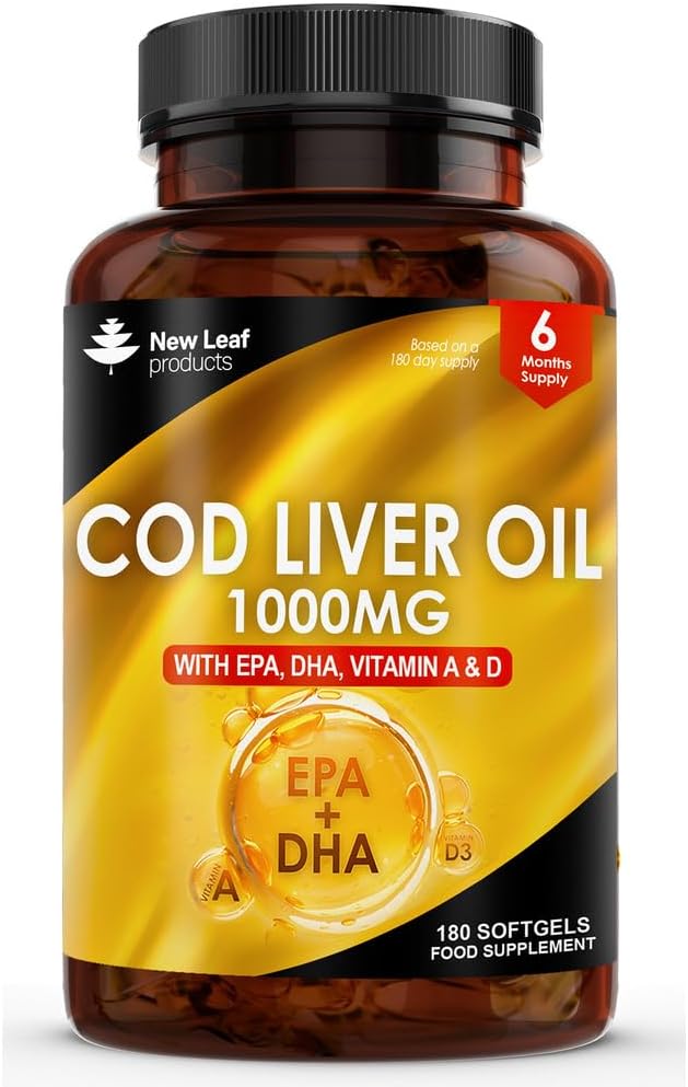 Cod Liver Oil Capsules 1000mg - 180 Cod Liver Capsules High Strength Softgels- Cod Liver Oil Rich in Omega 3 EPA DHA Fatty Acids + Vitamins A & D, High Strength Fish Oil - UK Made, by New Leaf