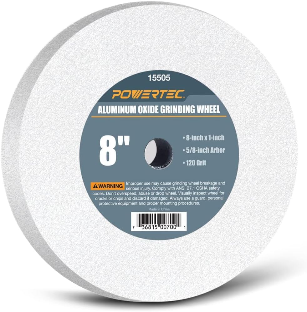 POWERTEC 15505 Bench and Pedestal Grinding Wheels, 8 Inch x 1 Inch, 5/8 Arbor, 120 Grit White Aluminum Oxide Bench Grinder Wheel for Grinding and Sharpening Cutting Tools, 1PK