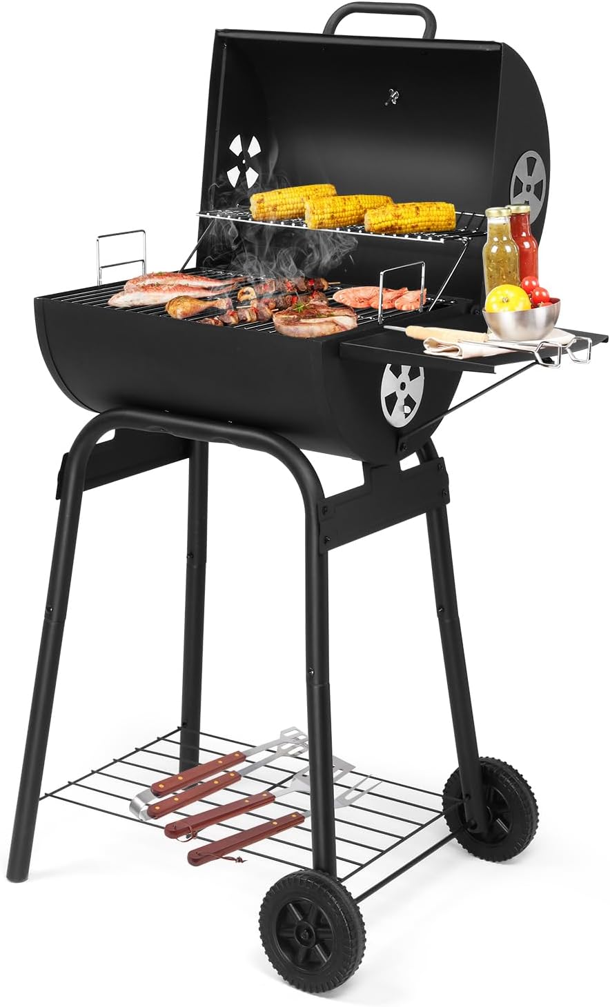 Outopee Outdoor BBQ Charcoal Grill, Portable Barrel Charcoal Grill 500 Sq. in. Cooking Area with Side Table & Wheels for Patio Backyard Picnic Cooking Camping