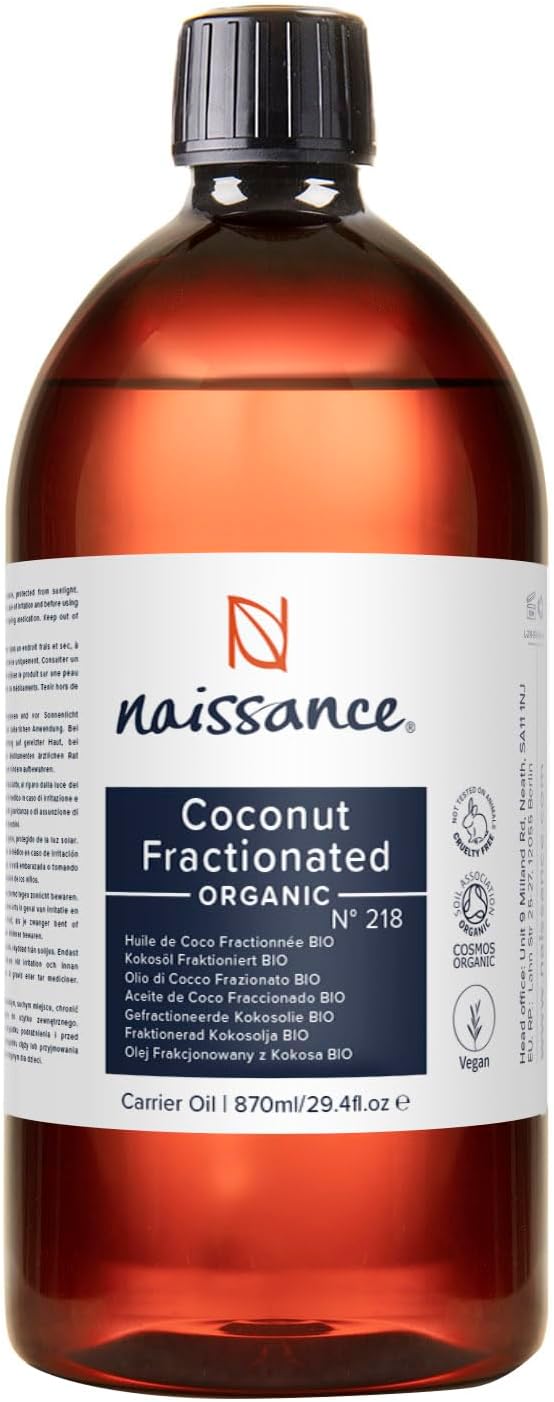 Naissance Organic Liquid Fractionated Coconut Oil (No. 218) - 870ml - for Skin, Hair, Lip Gloss, Beauty Recipes, Massage, Cuticles - MCT Oil