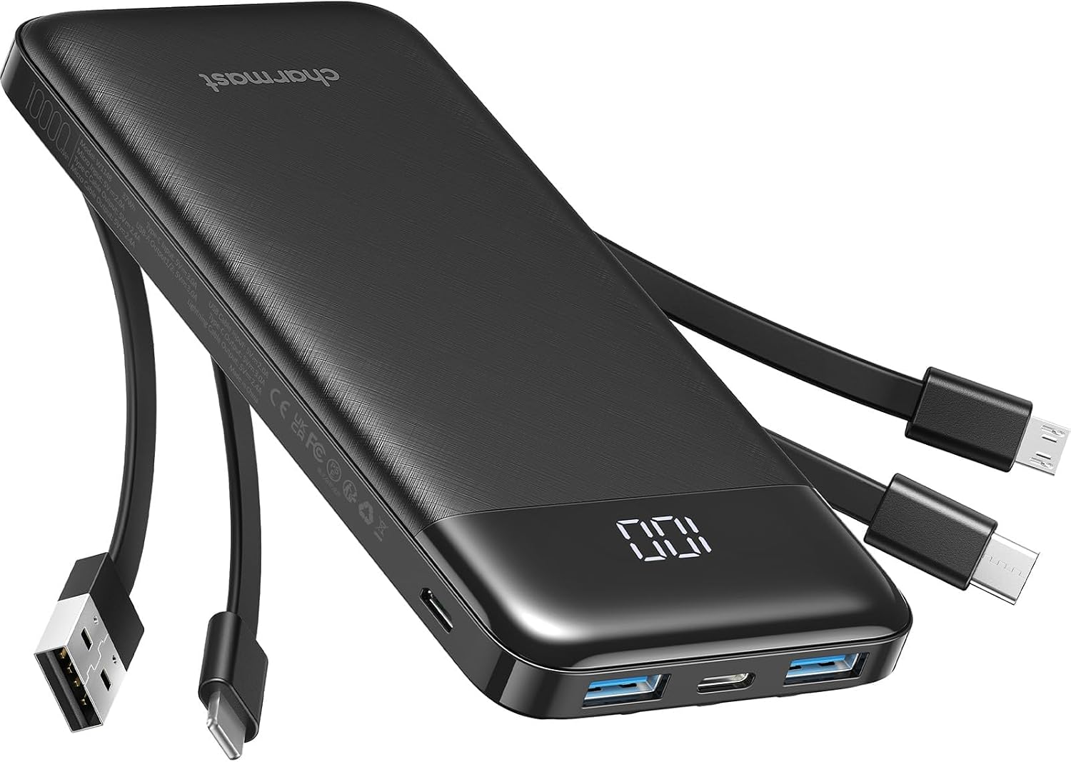 Charmast Power Bank with Built in Cables X 4, USB C Battery pack 6 Outputs 3 Inputs with LED Display Type C Powerbank Portable Charger Compatible with Smartphones Tablets and More