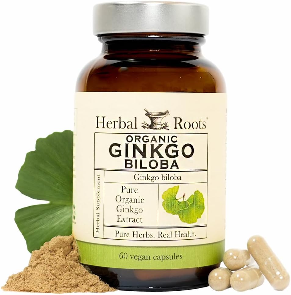 Herbal Roots Organic Ginkgo Biloba Made with Pure Organic Ginkgo Leaf and Extract - 60 Vegan Capsules