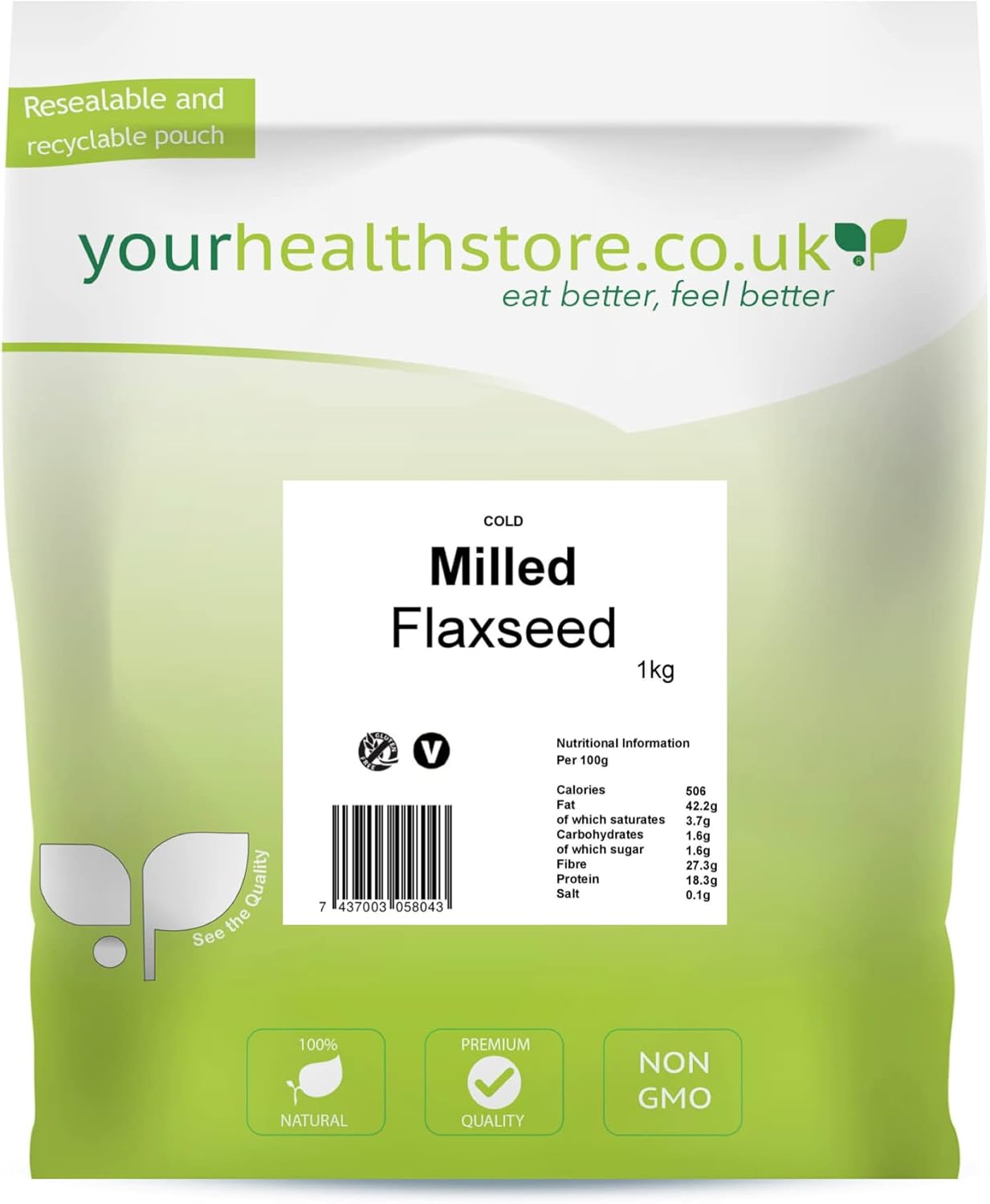 yourhealthstore® Cold Milled Flaxseed 1kg, Non GMO, Gluten Free, Vegan, (Resealable and Recyclable Pouch).