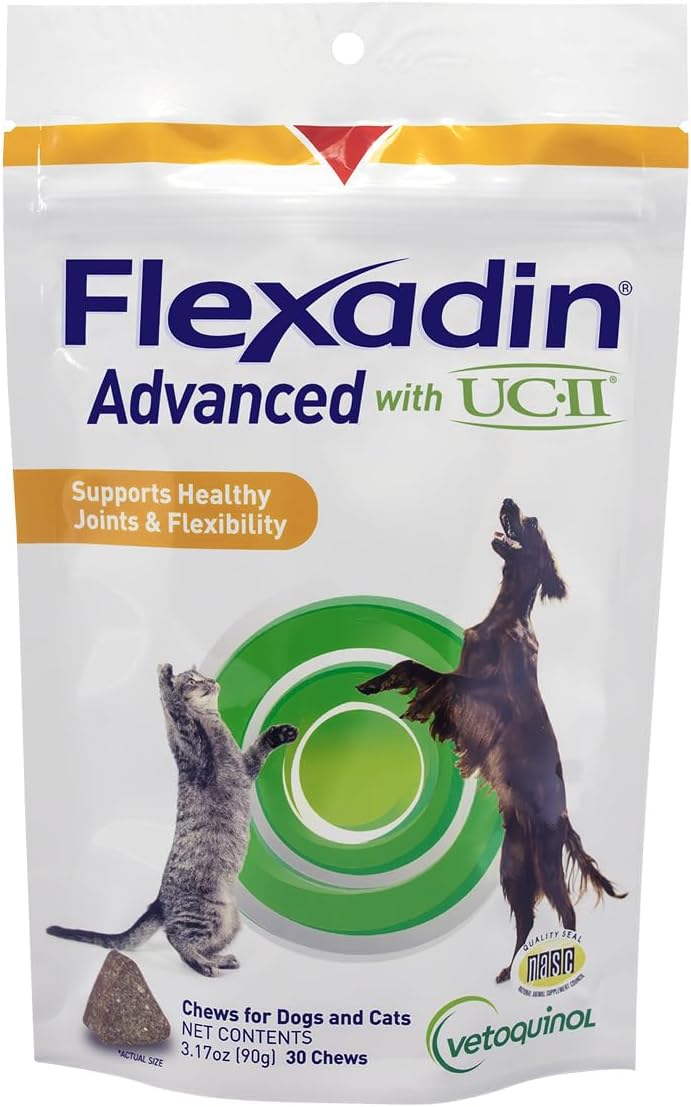 Vetoquinol Flexadin Advanced Hip and Joint Supplement with Undenatured Collagen for Dogs, One Chew a Day Hip and Joint Support Chew for Dogs and Cats, Clinically Proven Vet-Approved Formula, 30 Chews