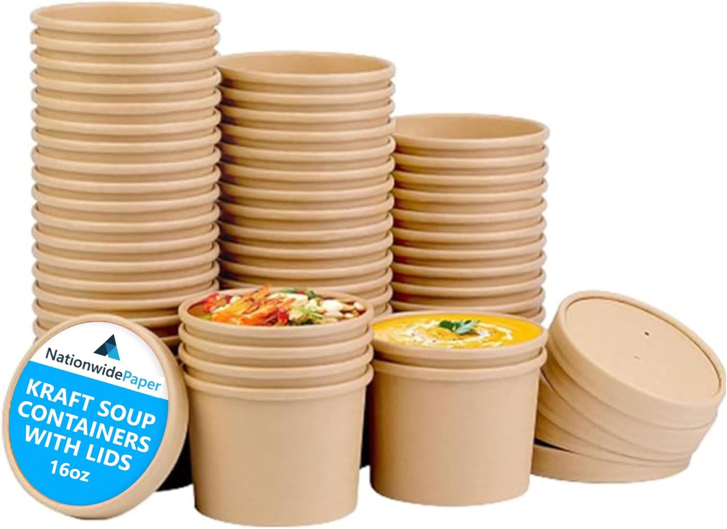 16oz Brown Kraft Disposable Soup Containers with Lids 50 Pcs of Paper Soup Bowls Takeaway Tubs Perfect for Ice Cream and Deli Containers (475ml)