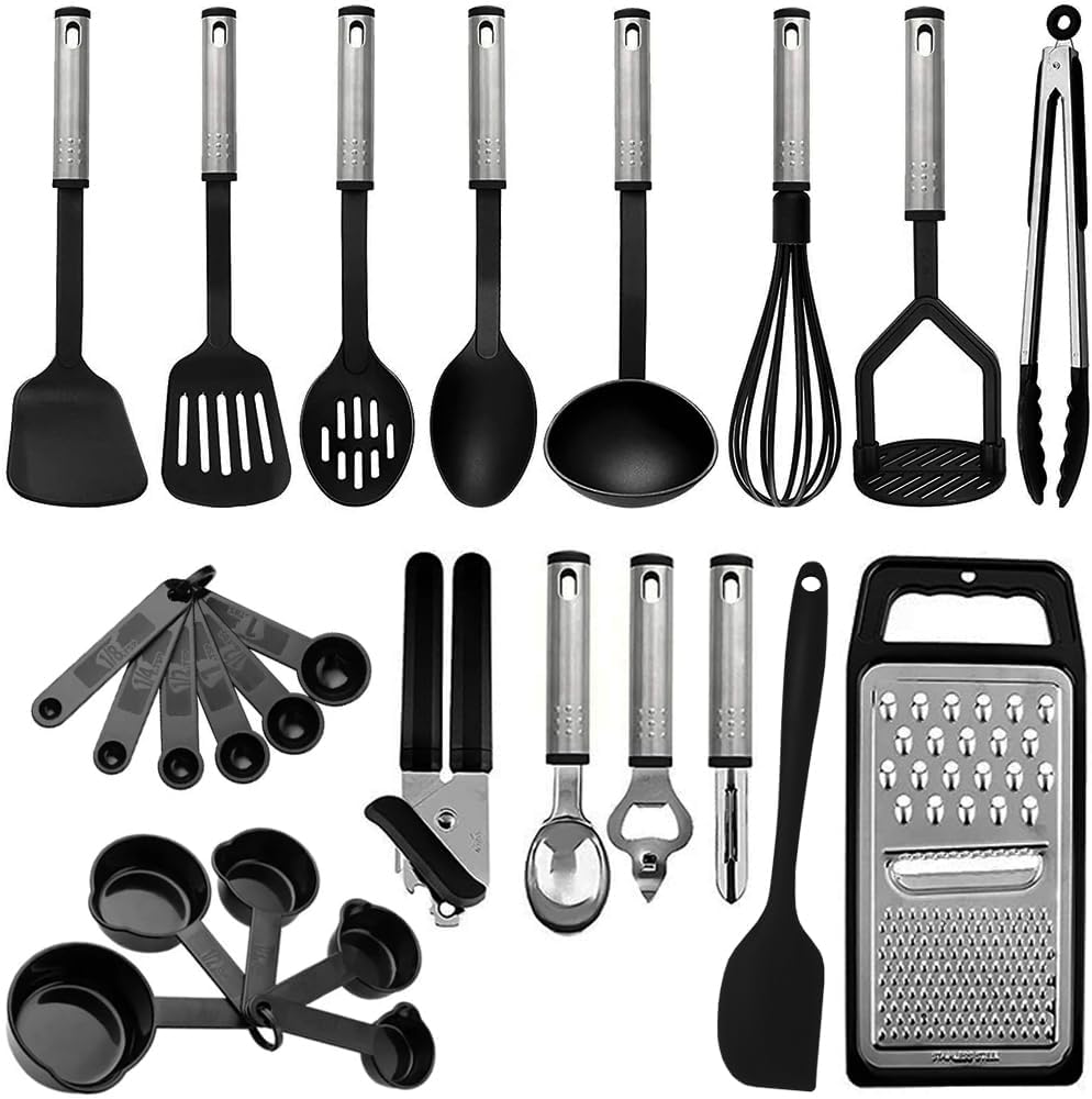 Kitchen Utensils Set, 24PCS Non-Stick Heat Resistant Silicone Cooking Utensils Set, Non Stick Spatula Turner Cookware Cooking Tools, Silicone Kitchen Utensils Set and Kitchen Gadgets Accessories Black